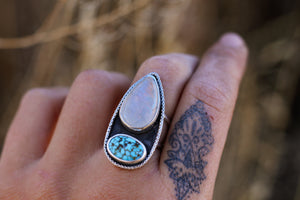 Rainbow Moonstone + Kingman Turquoise Ring - Size 7