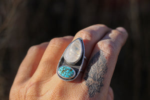 Rainbow Moonstone + Kingman Turquoise Ring - Size 7