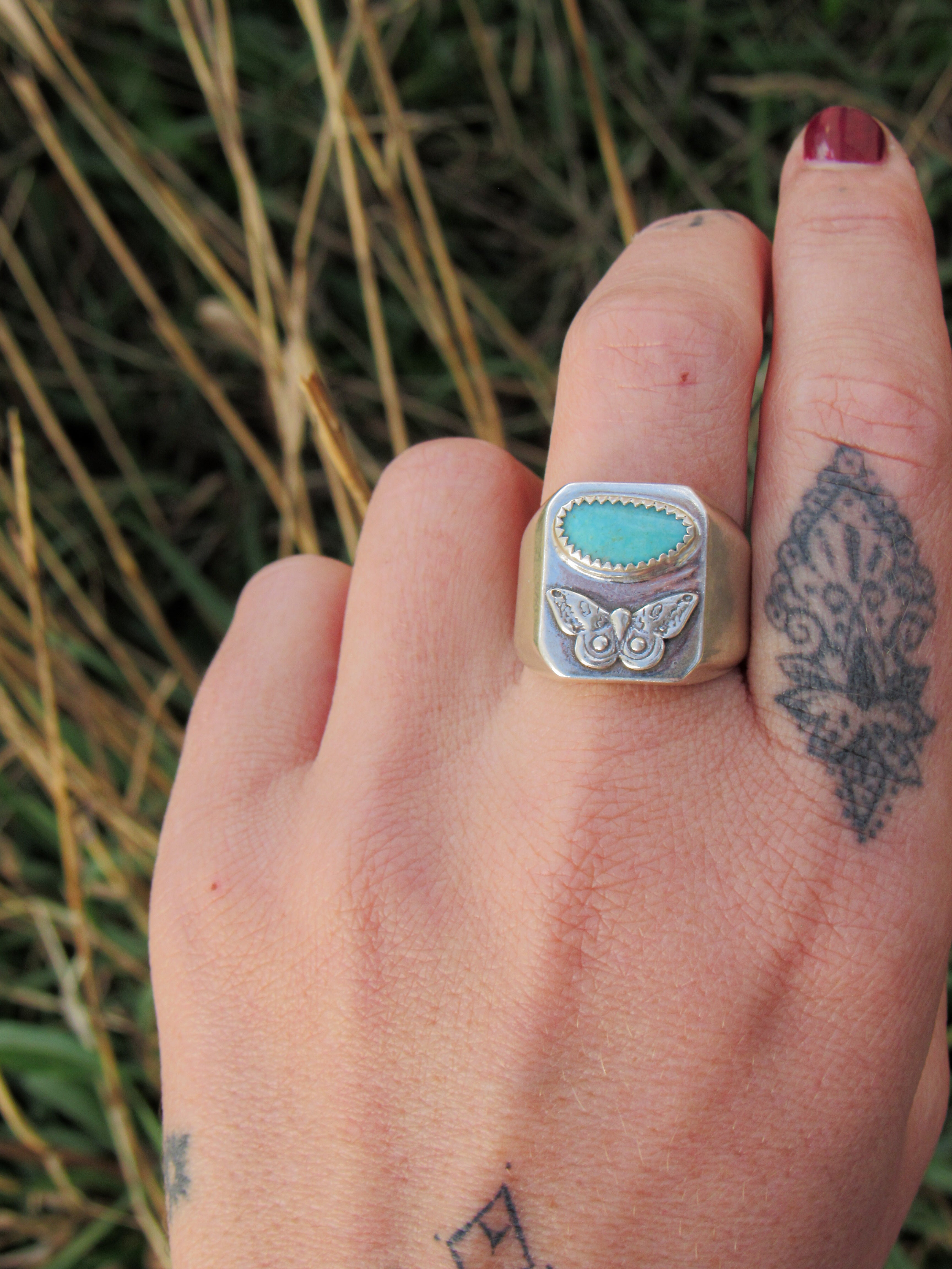 Turquoise Moth Signet Ring - Size 9