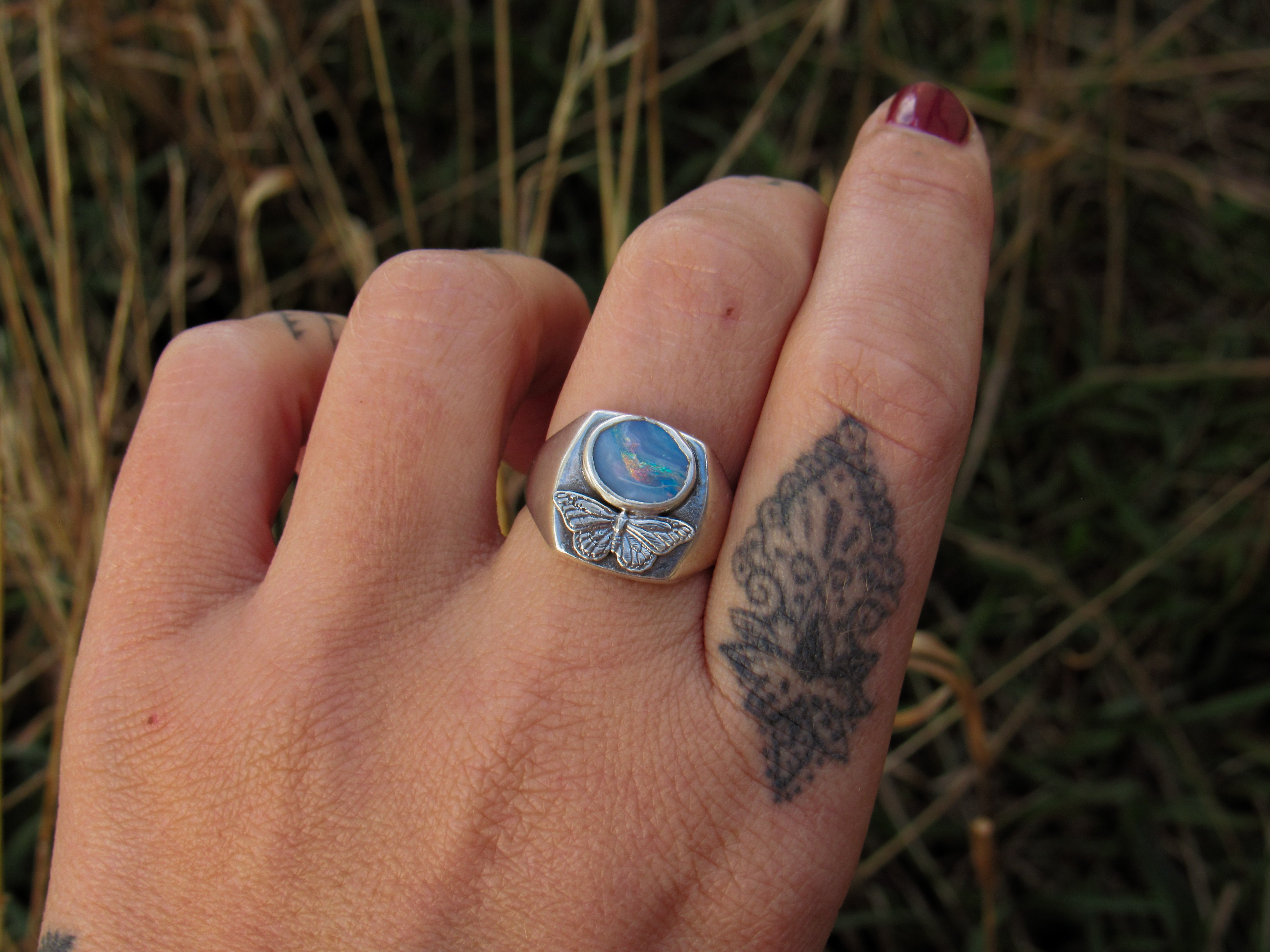 Australian Opal Butterfly Signet Ring - Size 8