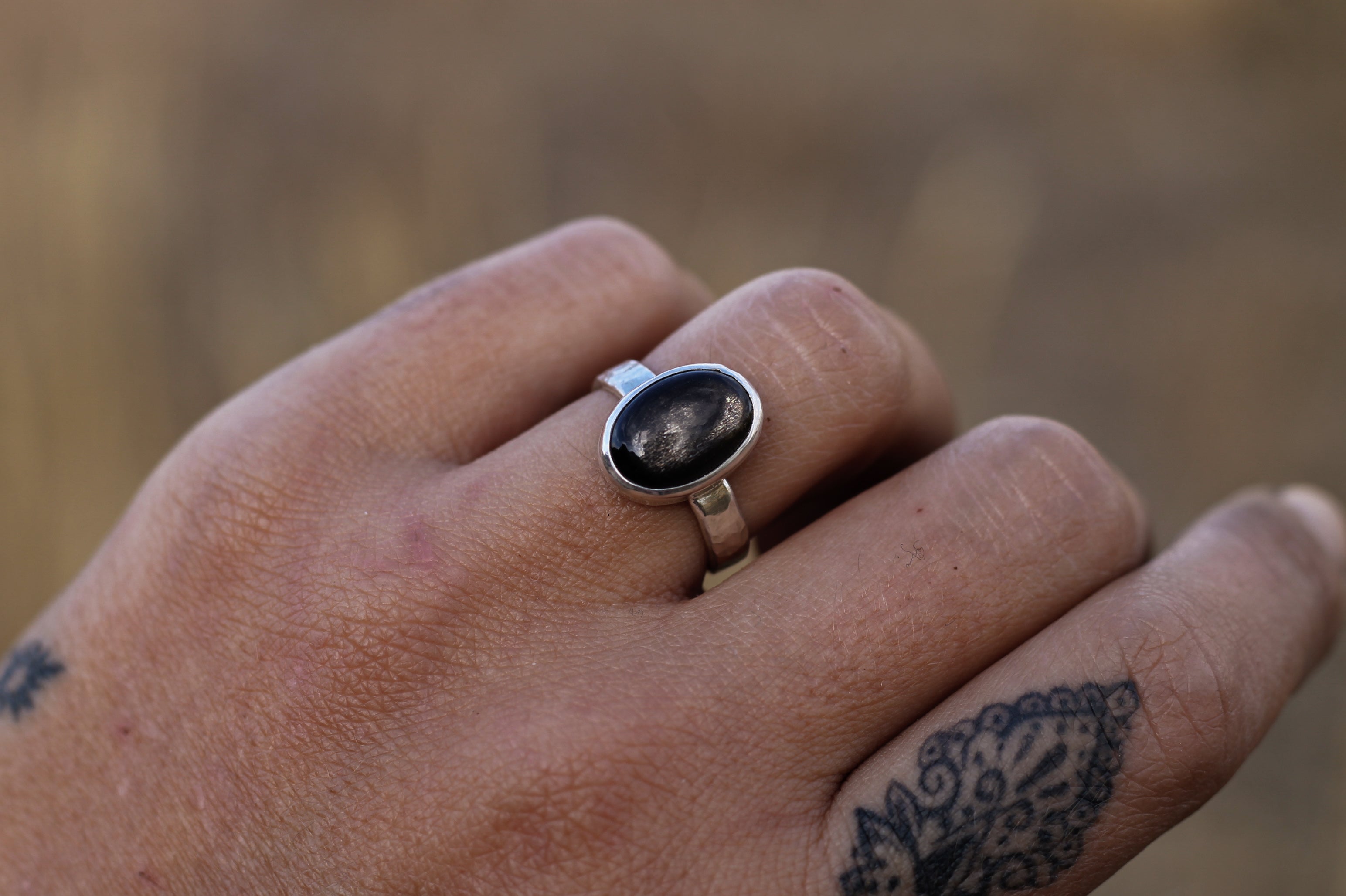 Black Moonstone Hammered Band Ring - Size 7