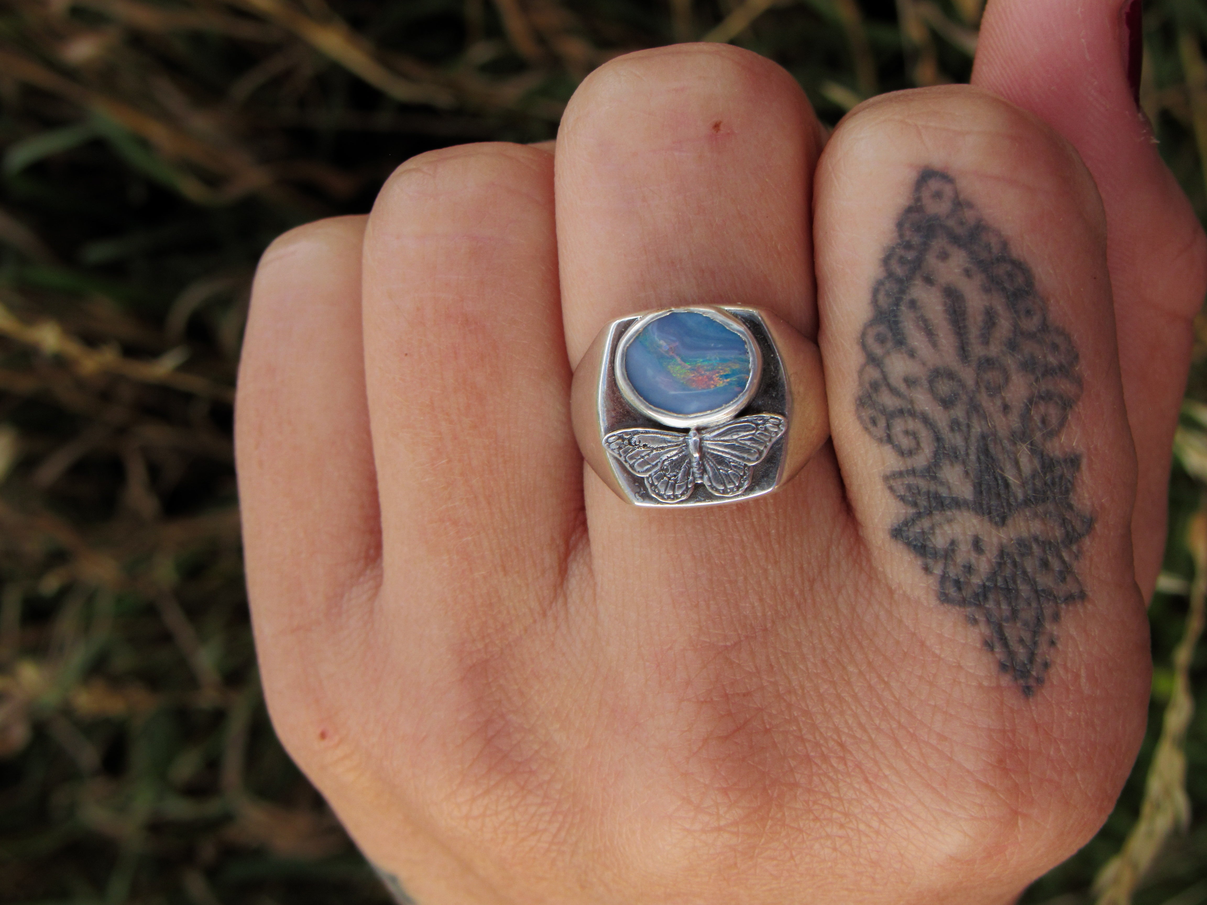 Australian Opal Butterfly Signet Ring - Size 8