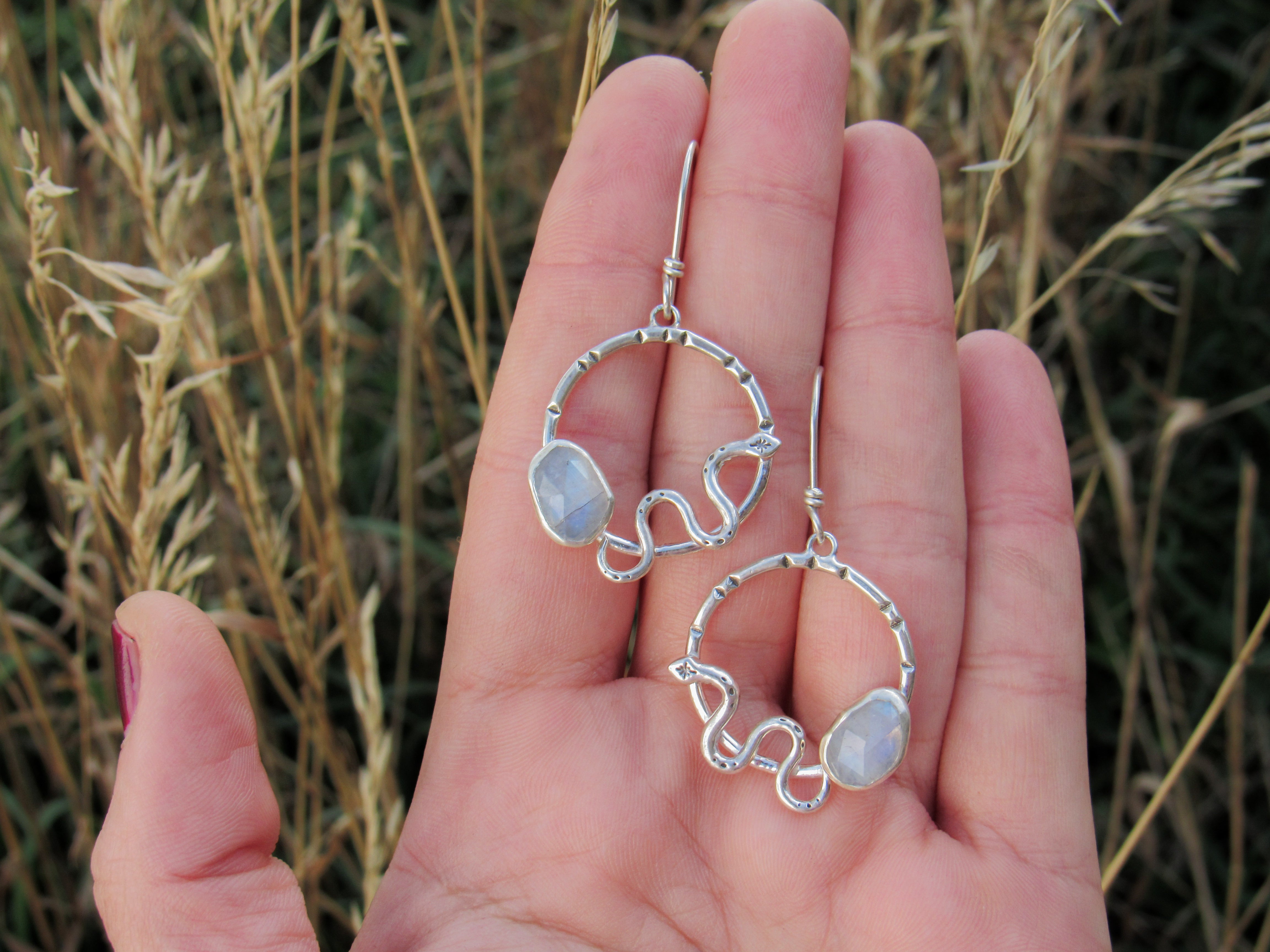 Rainbow Moonstone Cosmic Snake Earrings