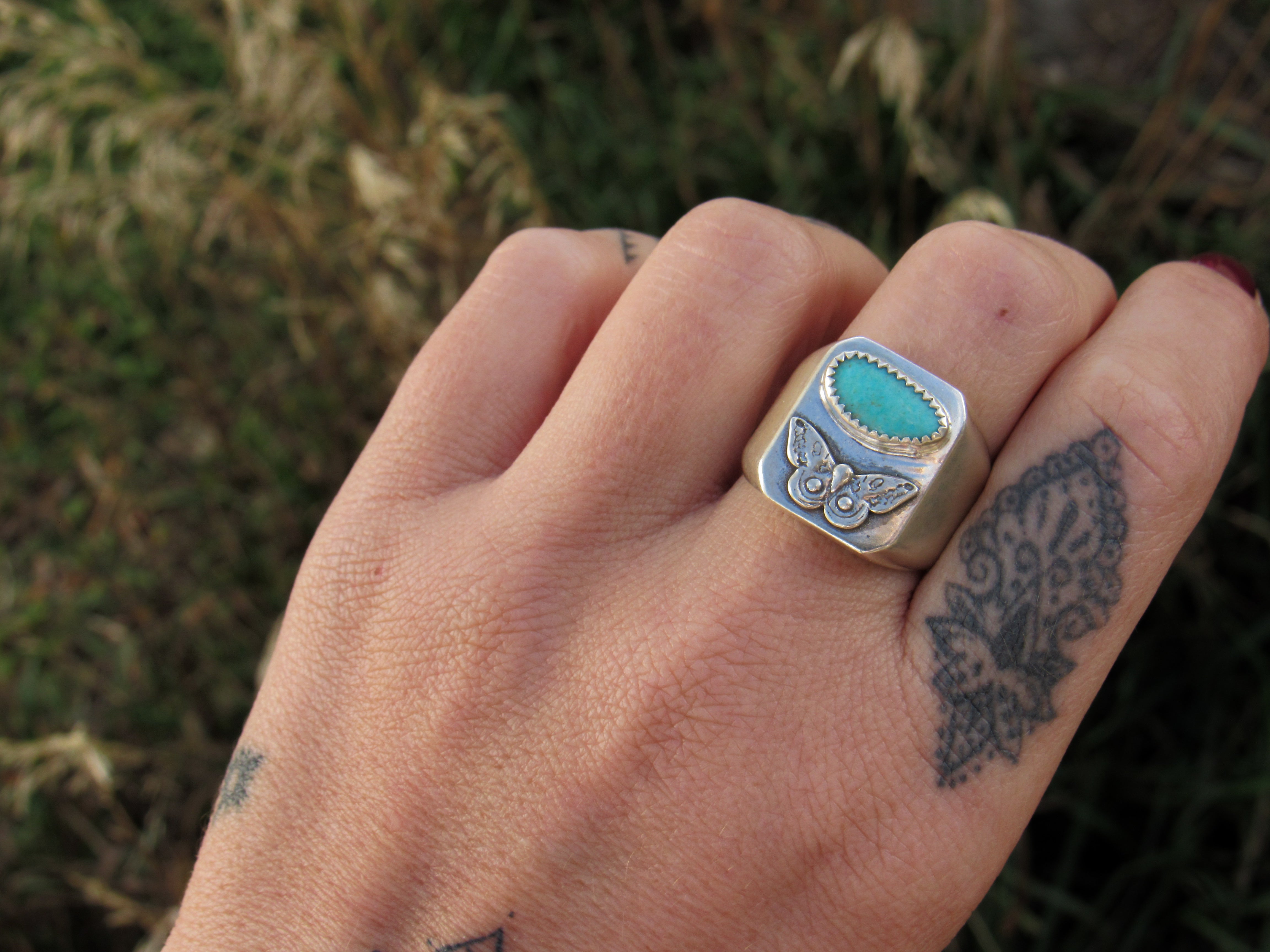 Turquoise Moth Signet Ring - Size 9