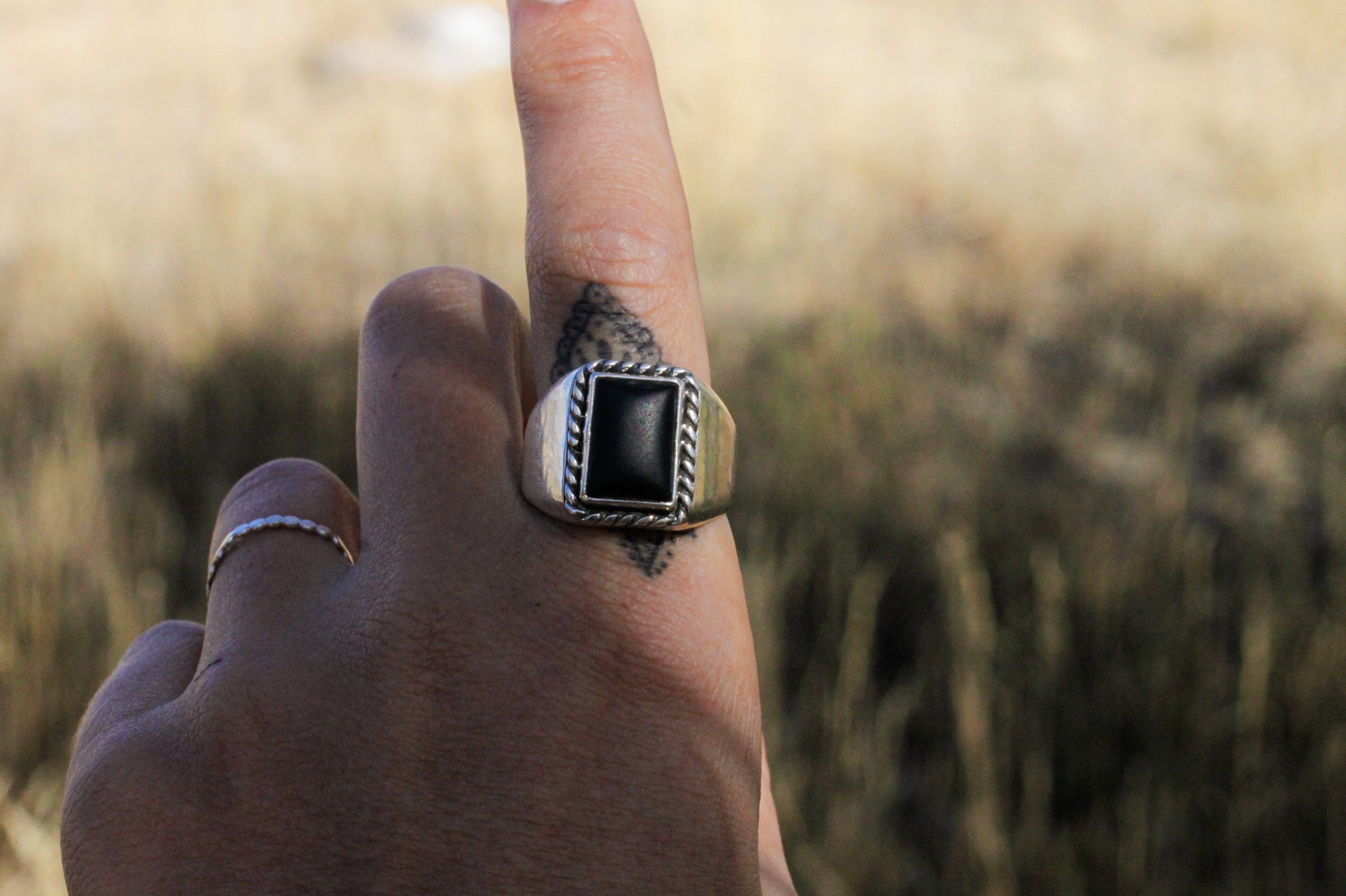 Matte Black Onyx Signet Ring - Size 12