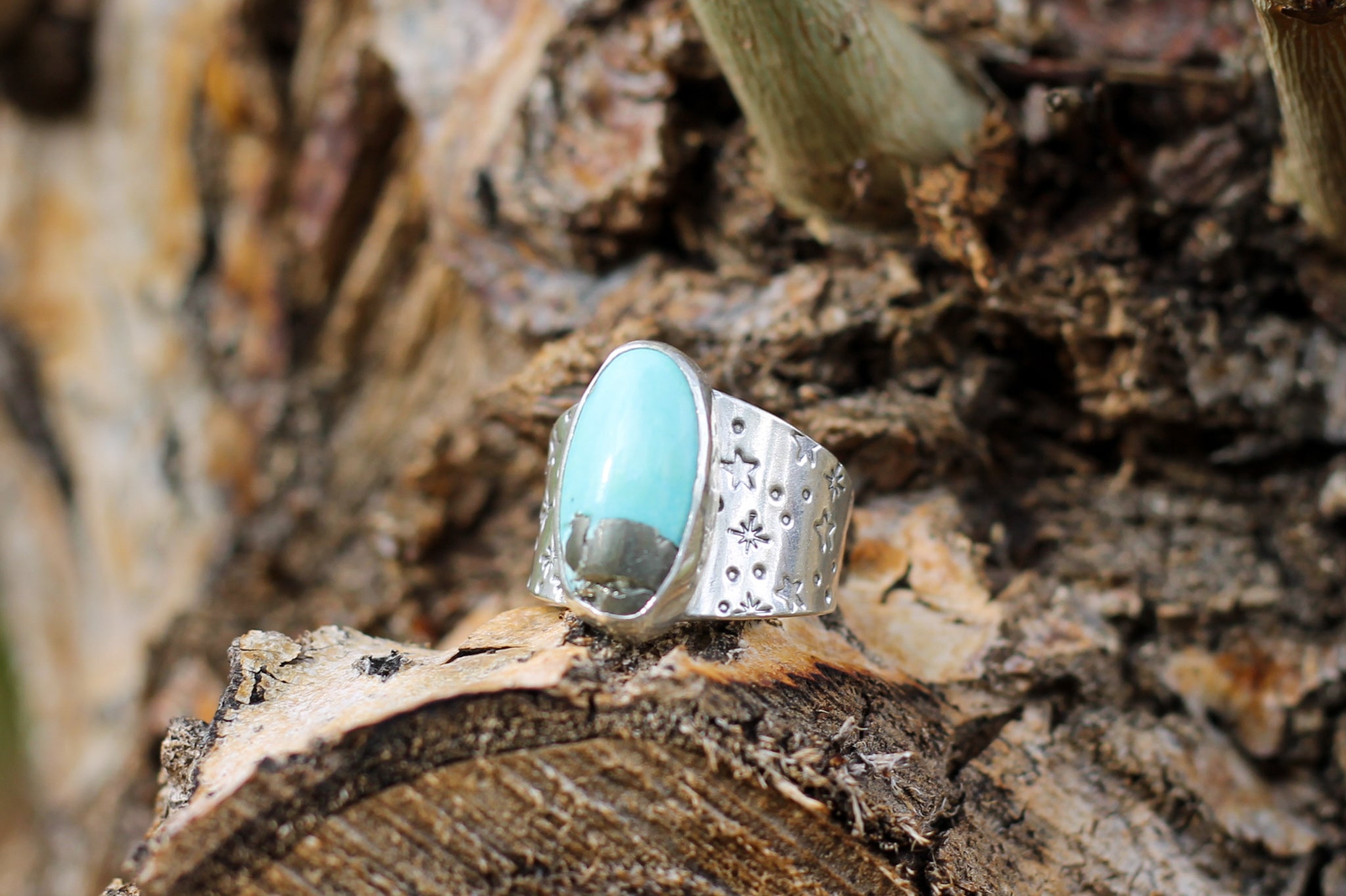 Turquoise with silver inclusion + Star Ring - Size 11