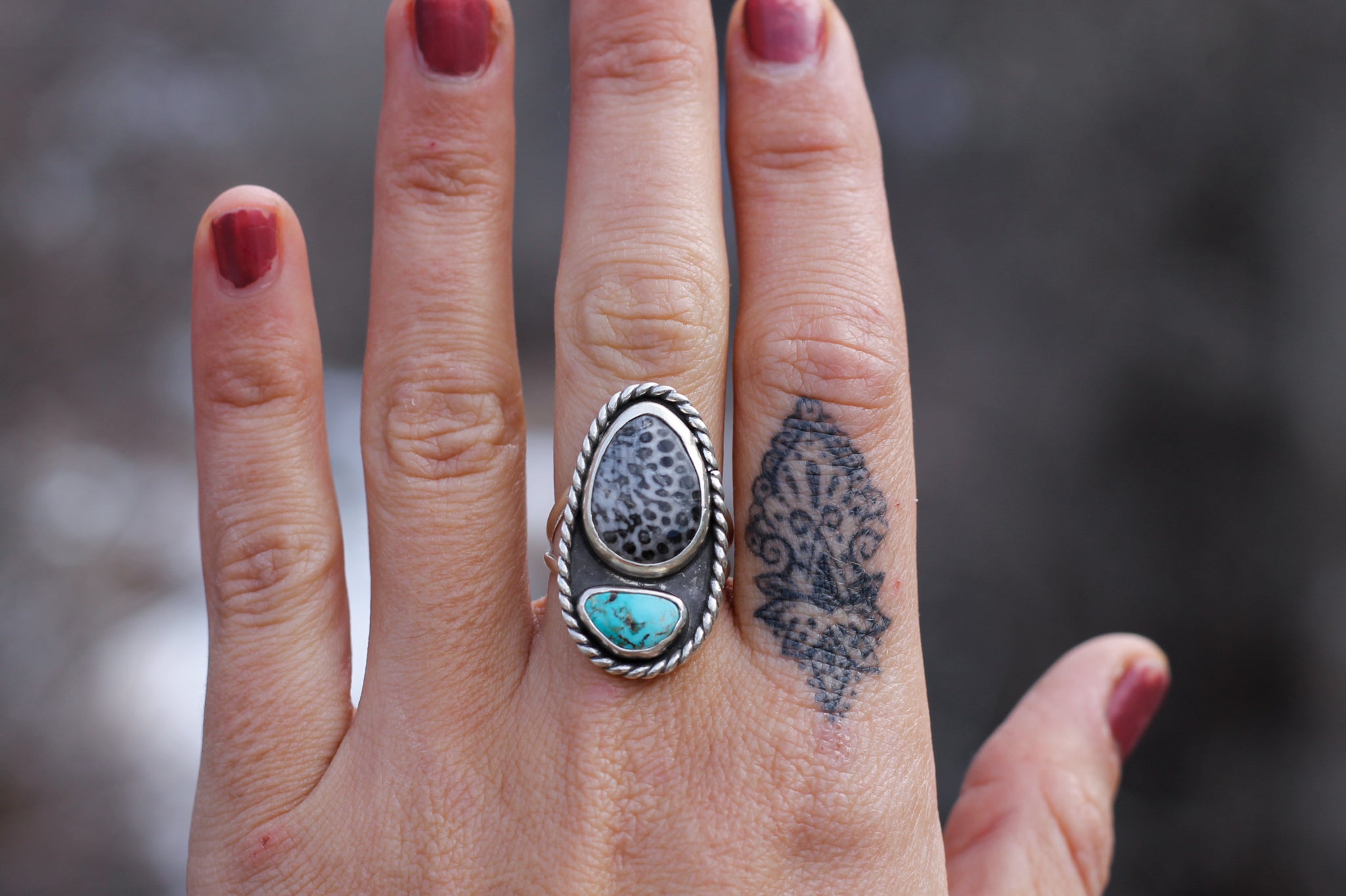 Fossilised Coral + Turquoise Ring - Size 8