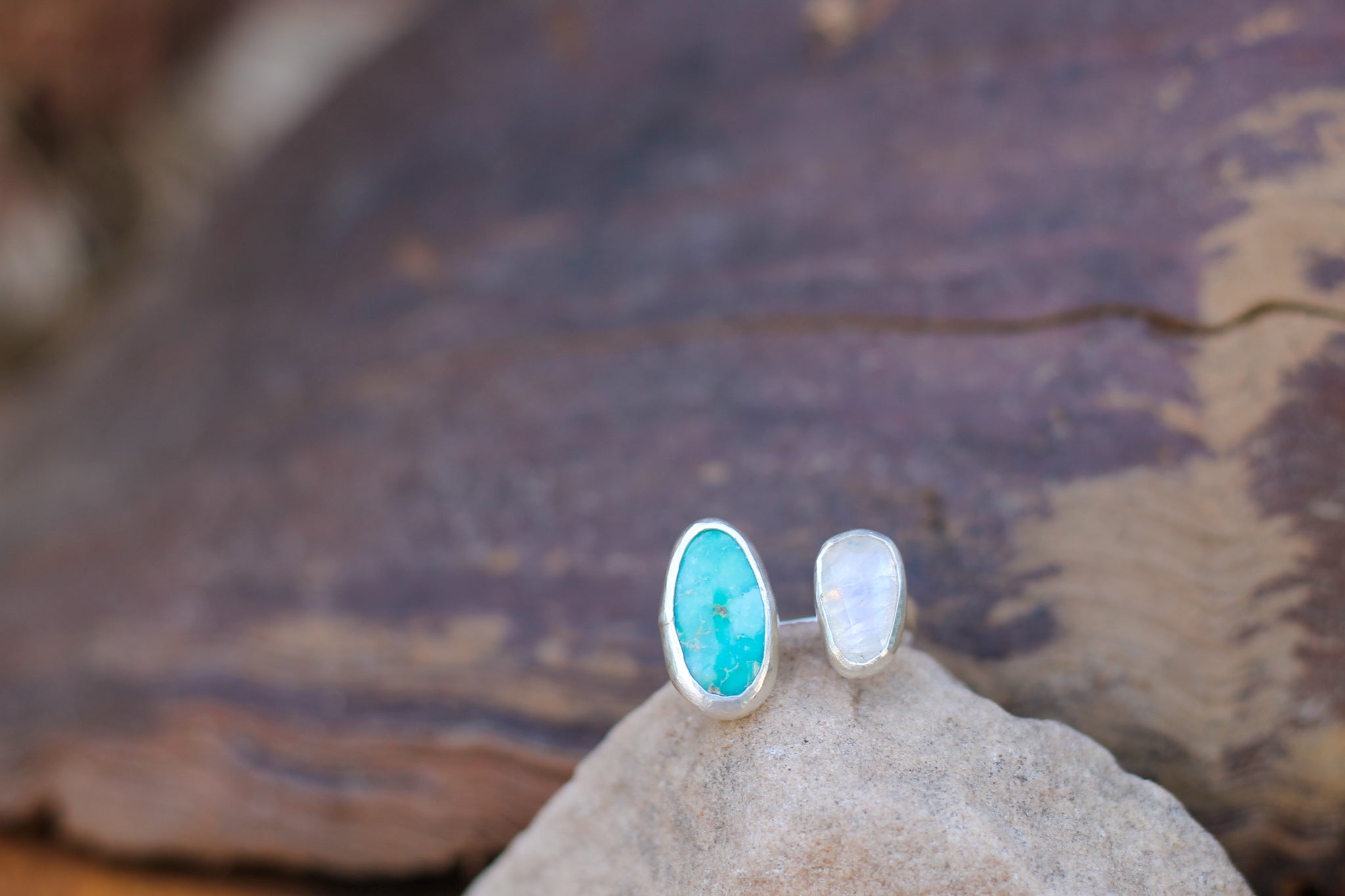 Open Top Faceted Rainbow Moonstone + Sonoran Gold Turquoise Ring